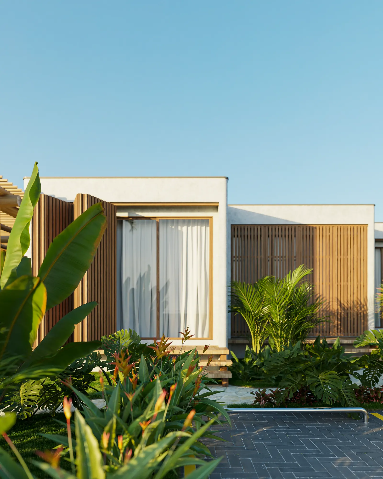 Fachada de um loft com painéis de madeira e plantas na frente.