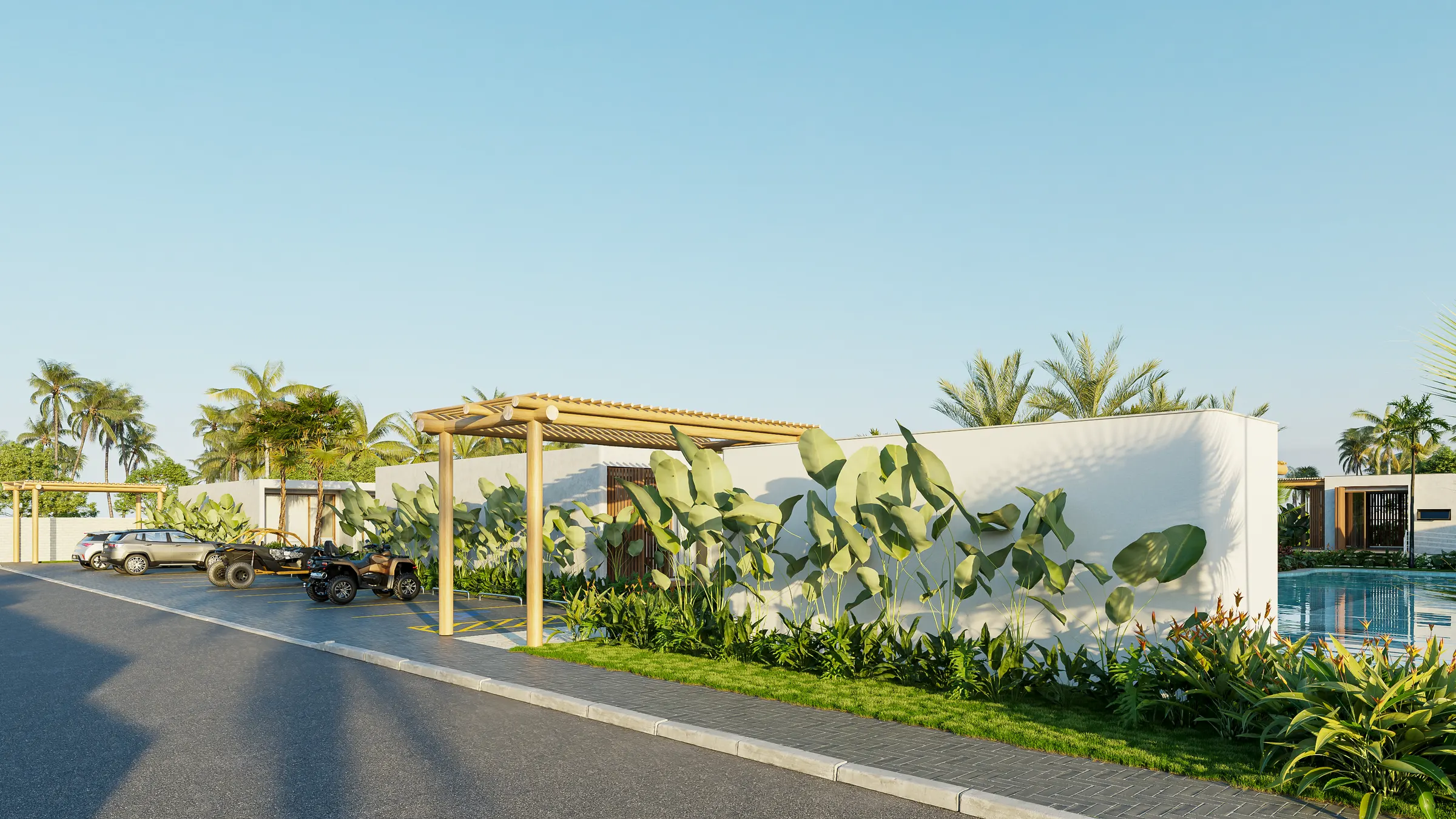 Rua de entrada do condomínio com pérgola de madeira, jardim e a lâmina d'água ao fundo.