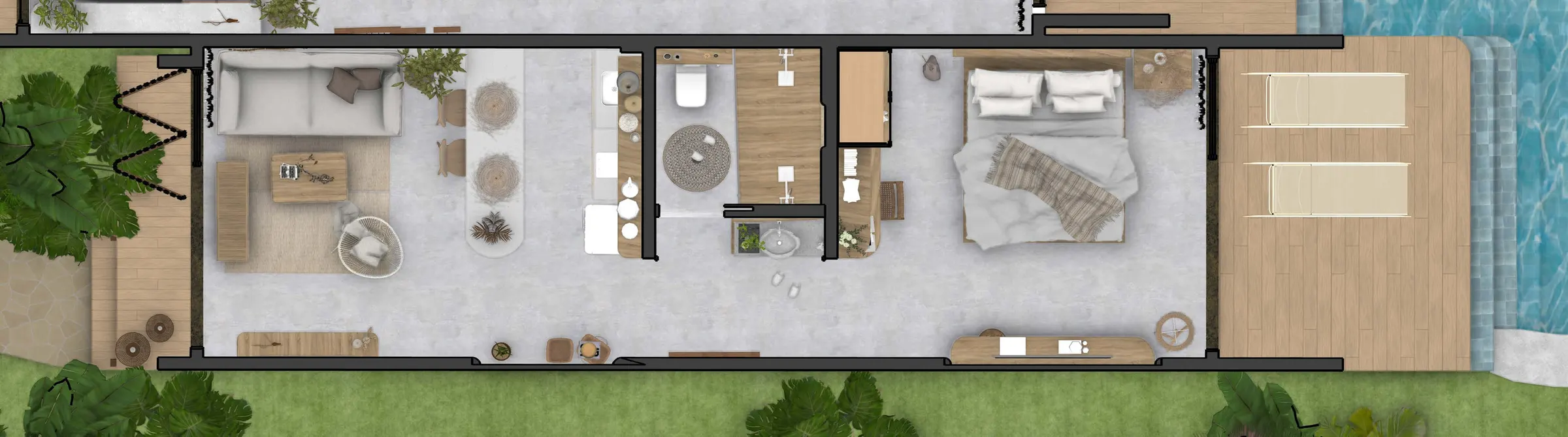 Planta ilustrativa do loft vista de cima: jardim de entrada, sala e cozinha integradas, banheiro, quarto, deck e a lâmina d'água compartilhada.