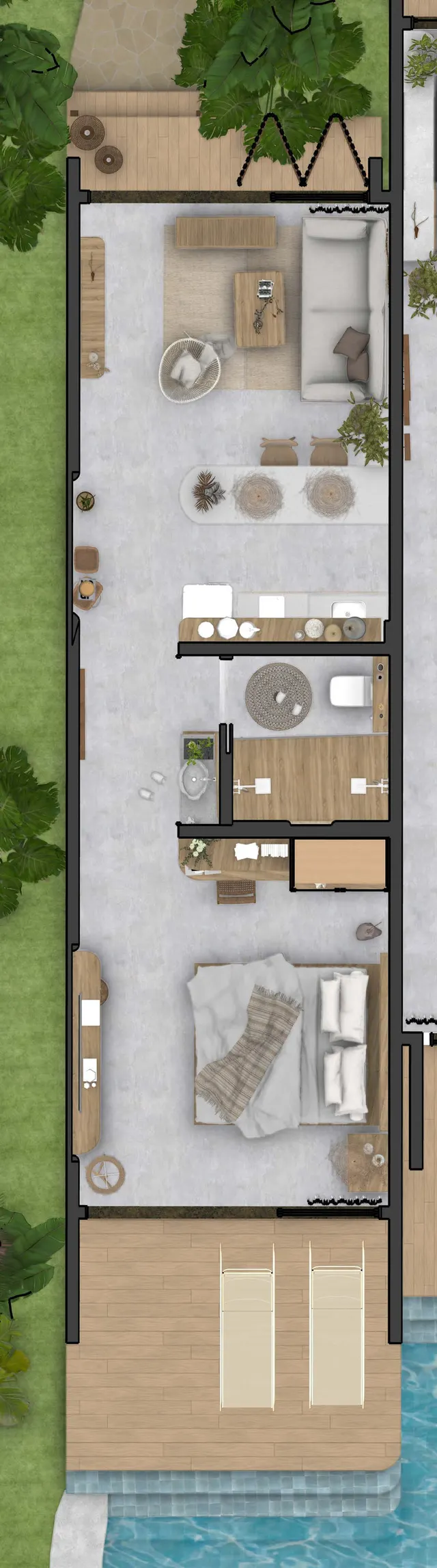 Planta ilustrativa do loft vista de cima: jardim de entrada, sala e cozinha integradas, banheiro, quarto, deck e a lâmina d'água compartilhada.